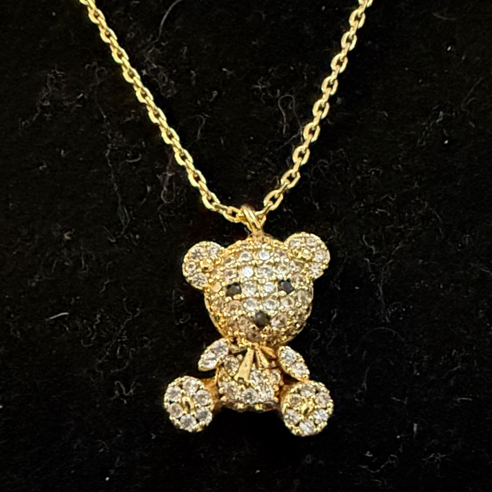 Gold Teddy Bear Pendant Necklace‎ - Sparkling Crystal Accent